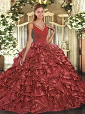 Coral Red Ball Gowns Ruffles Quinceanera Dress Backless Organza Sleeveless With Train