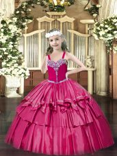 Affordable Hot Pink Party Dresses Party and Quinceanera with Beading and Ruffled Layers Straps Sleeveless Lace Up