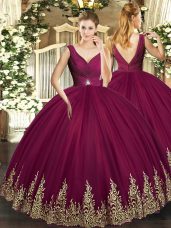 V-neck Sleeveless Quinceanera Dress Floor Length Beading and Appliques and Ruching Burgundy Tulle