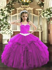 Straps Sleeveless Party Dress for Toddlers Floor Length Appliques and Ruffles Fuchsia Tulle