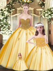 Perfect Floor Length Gold Quince Ball Gowns Sweetheart Sleeveless Lace Up