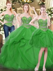 Enchanting Green Ball Gowns Tulle Sweetheart Sleeveless Beading and Ruffles Floor Length Lace Up Sweet 16 Dress