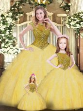 Excellent Sleeveless Organza Floor Length Lace Up Sweet 16 Dress in Gold with Beading and Ruffles