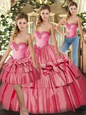 On Sale Watermelon Red Organza Lace Up Sweetheart Sleeveless Floor Length Quinceanera Gowns Beading and Ruffled Layers