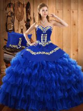 Blue Satin and Organza Lace Up Strapless Sleeveless Floor Length 15th Birthday Dress Embroidery and Ruffled Layers