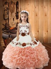 Peach Sleeveless Floor Length Embroidery and Ruffles Lace Up Party Dress