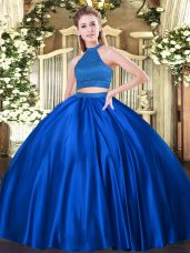 Trendy Royal Blue Ball Gowns Halter Top Sleeveless Tulle Floor Length Backless Beading Sweet 16 Quinceanera Dress