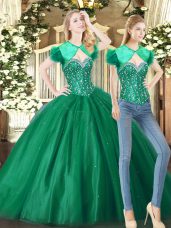 Green Ball Gowns Tulle Sweetheart Sleeveless Beading Floor Length Lace Up Quinceanera Gown