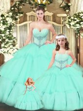 Fashionable Aqua Blue Sweetheart Lace Up Beading and Ruching Quinceanera Gowns Sleeveless