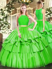 Clearance Floor Length Two Pieces Sleeveless Green Quince Ball Gowns Zipper