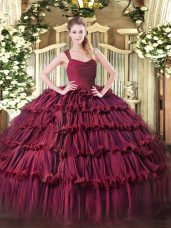 Sophisticated Organza Straps Sleeveless Zipper Ruffled Layers Ball Gown Prom Dress in Burgundy