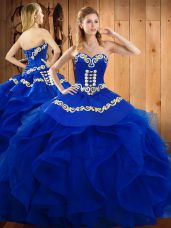 Organza Sweetheart Sleeveless Lace Up Embroidery and Ruffles 15 Quinceanera Dress in Blue