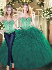 Dazzling Green Organza Lace Up Vestidos de Quinceanera Sleeveless Floor Length Beading and Ruffles