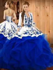 Sleeveless Floor Length Embroidery and Ruffles Lace Up Quinceanera Dress with Blue