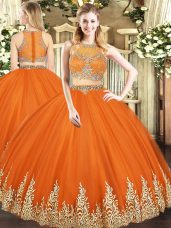 Chic Orange Red Sleeveless Beading and Appliques Floor Length Quinceanera Dresses