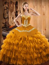 Floor Length Lace Up Vestidos de Quinceanera Gold for Military Ball and Sweet 16 and Quinceanera with Embroidery and Ruffled Layers