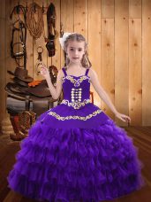 Straps Sleeveless Pageant Gowns Floor Length Beading and Embroidery and Ruffled Layers Eggplant Purple Organza