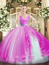 Deluxe Hot Pink Sleeveless Tulle Zipper Sweet 16 Dresses for Military Ball and Sweet 16 and Quinceanera