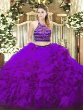 Floor Length Two Pieces Sleeveless Eggplant Purple Quinceanera Dress Lace Up