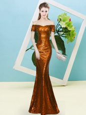 Customized Floor Length Rust Red Evening Dress Sequined Short Sleeves Sequins