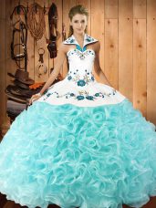 Aqua Blue Fabric With Rolling Flowers Lace Up Halter Top Sleeveless Floor Length Quinceanera Gown Embroidery
