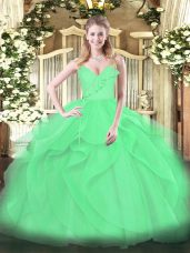 Inexpensive Floor Length Green Quince Ball Gowns Tulle Sleeveless Ruffles and Ruching
