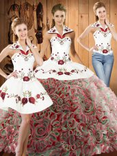 Popular Halter Top Sleeveless Sweet 16 Dresses Sweep Train Embroidery Multi-color Fabric With Rolling Flowers