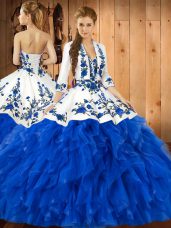 Sexy Blue Ball Gowns Sweetheart Sleeveless Satin and Organza Floor Length Lace Up Embroidery and Ruffles Sweet 16 Dress
