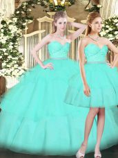 Latest Ball Gowns Quinceanera Gown Aqua Blue Sweetheart Tulle Sleeveless Floor Length Lace Up