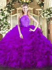 Eggplant Purple Ball Gowns Fabric With Rolling Flowers Scoop Sleeveless Lace Floor Length Zipper Quinceanera Dresses