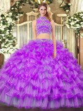 Stunning Purple Tulle Backless High-neck Sleeveless Floor Length Sweet 16 Dress Beading and Ruffled Layers
