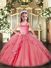Watermelon Red Ball Gowns Appliques and Ruffles Pageant Dress Womens Lace Up Organza Sleeveless Floor Length