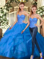 Customized Beading and Ruffles Quinceanera Gowns Blue Lace Up Sleeveless Floor Length