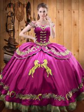 Best Off The Shoulder Sleeveless Sweet 16 Dresses Floor Length Beading and Embroidery Fuchsia Satin and Organza