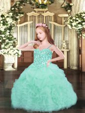 Unique Floor Length Apple Green Kids Formal Wear Spaghetti Straps Sleeveless Lace Up