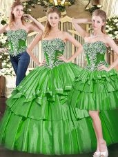 Excellent Green Lace Up Sweet 16 Quinceanera Dress Beading and Ruffled Layers Sleeveless Floor Length