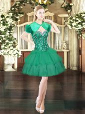 Simple Dark Green Ball Gowns Sweetheart Sleeveless Organza Mini Length Lace Up Beading and Ruffled Layers Evening Dress