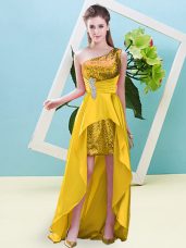 Unique High Low Lace Up Prom Dresses Gold for Prom and Party with Beading and Sequins