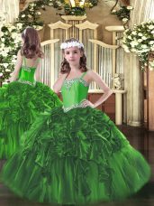 Amazing Dark Green Organza Lace Up Little Girl Pageant Dress Sleeveless Floor Length Beading and Ruffles