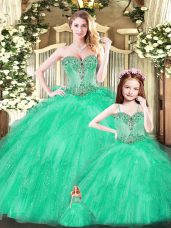 Turquoise Tulle Lace Up Sweetheart Sleeveless Floor Length Ball Gown Prom Dress Beading and Ruffles