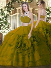 Custom Made Olive Green Two Pieces High-neck Sleeveless Tulle Floor Length Backless Beading and Ruffled Layers Sweet 16 Dress