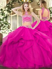 Fuchsia High-neck Backless Beading and Ruffles Quince Ball Gowns Sleeveless