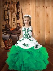 Turquoise Ball Gowns Embroidery and Ruffles Child Pageant Dress Lace Up Organza Sleeveless Floor Length