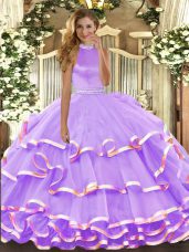 Colorful Halter Top Sleeveless Quinceanera Gown Floor Length Beading and Ruffled Layers Lavender Organza