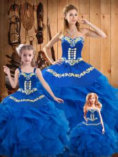 Customized Sleeveless Tulle Floor Length Lace Up Ball Gown Prom Dress in Blue with Embroidery