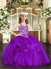 Purple Organza Lace Up Pageant Gowns For Girls Sleeveless Floor Length Beading and Ruffles