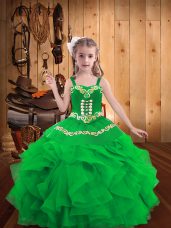 Green Little Girls Pageant Dress Wholesale Party and Sweet 16 and Quinceanera and Wedding Party with Embroidery and Ruffles Straps Sleeveless Lace Up