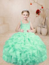 Beauteous Apple Green Ball Gowns Straps Sleeveless Organza Floor Length Lace Up Beading and Ruffles Pageant Gowns For Girls