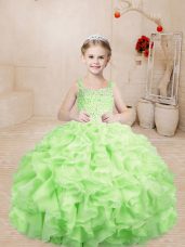 Yellow Green Organza Lace Up Straps Sleeveless Floor Length Party Dress Wholesale Beading and Ruffles