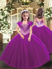 Sleeveless Tulle Floor Length Lace Up Little Girls Pageant Dress in Fuchsia with Beading